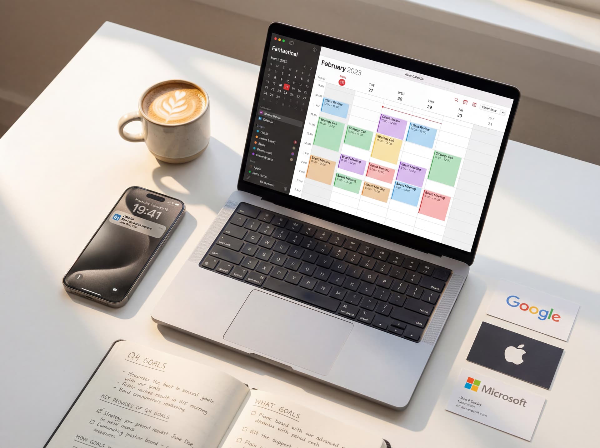 ComedyCorp's meeting pipeline showing confirmed appointments with CODELCO, Pfizer, and AstraZeneca directors.