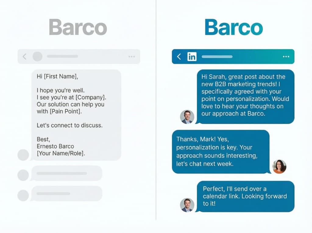 Comparación entre plantillas rígidas con brackets y mensajes personalizados por IA en prospección de LinkedIn