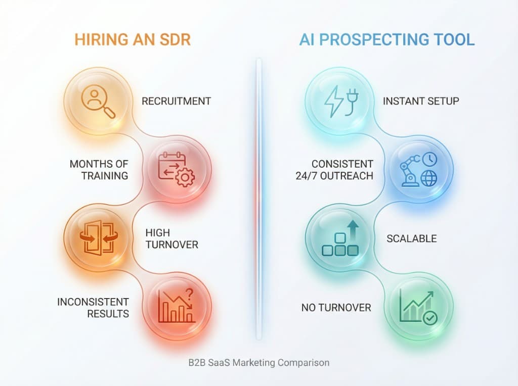 Comparison between traditional SDR hiring process and AI-powered prospecting automation