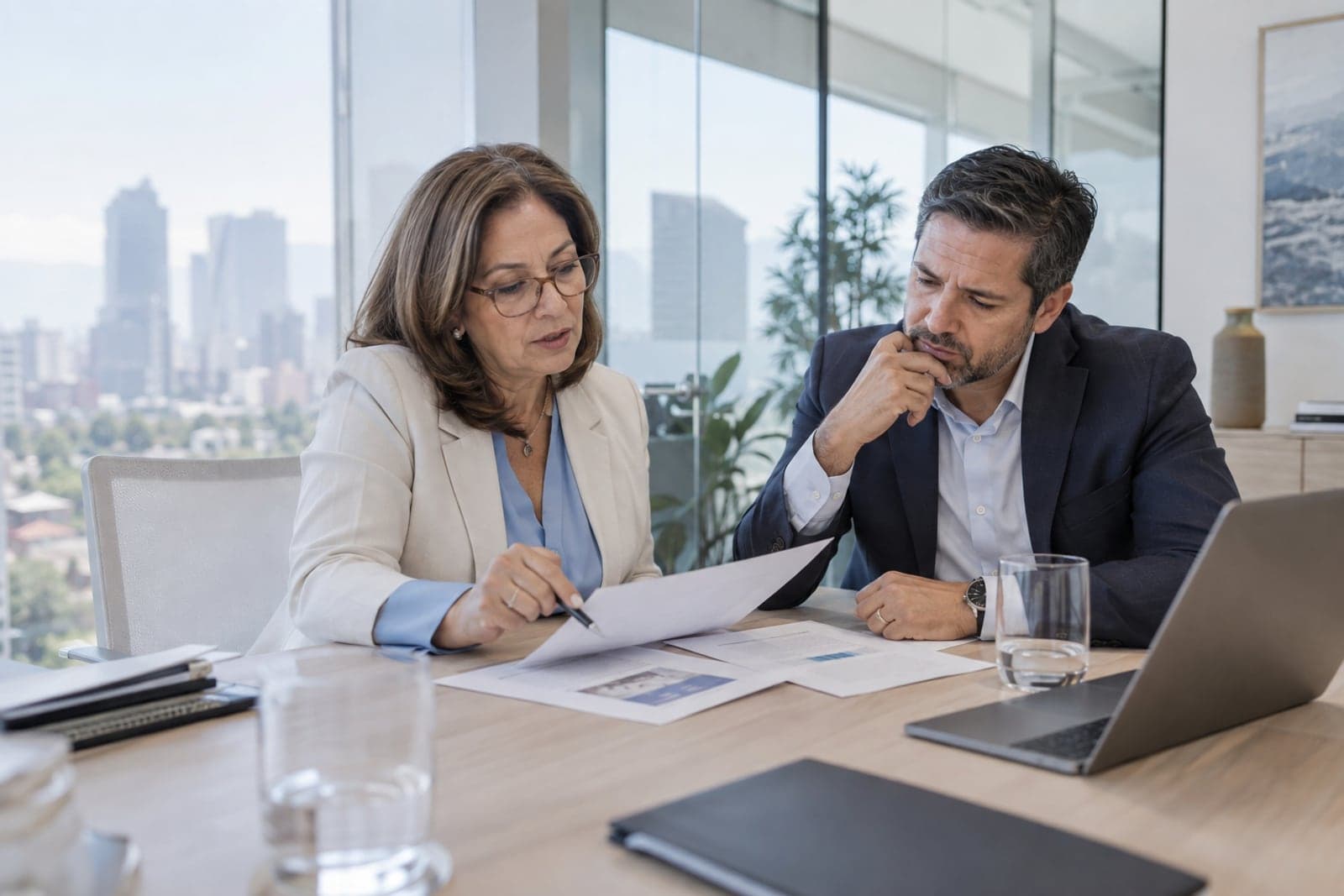 A consultant and a company director review printed reports in a bright meeting room.