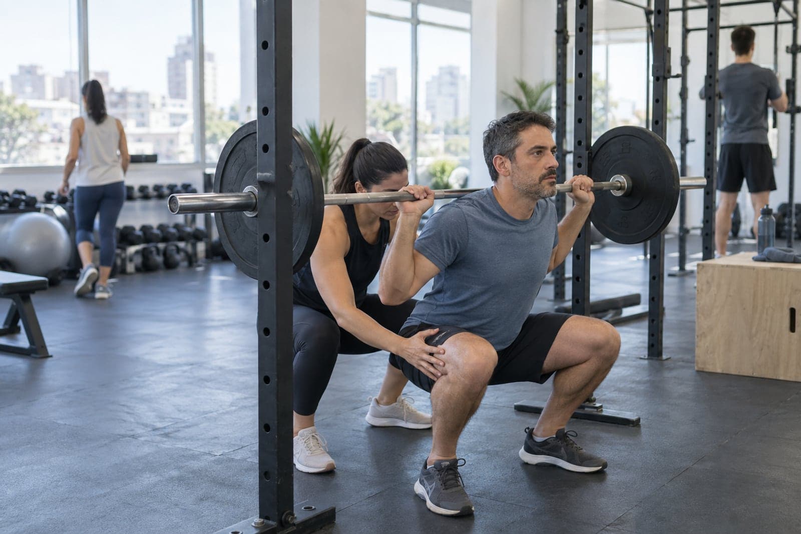 A trainer corrects a member's squat in a bright gym.