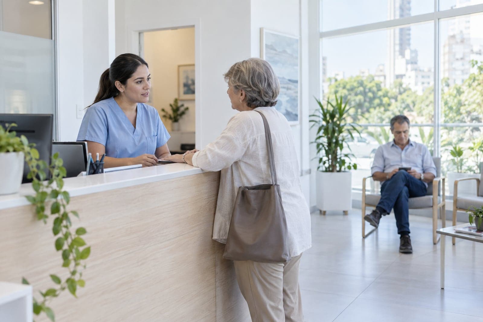 A clinic receptionist helps a patient at the front desk while another patient waits.