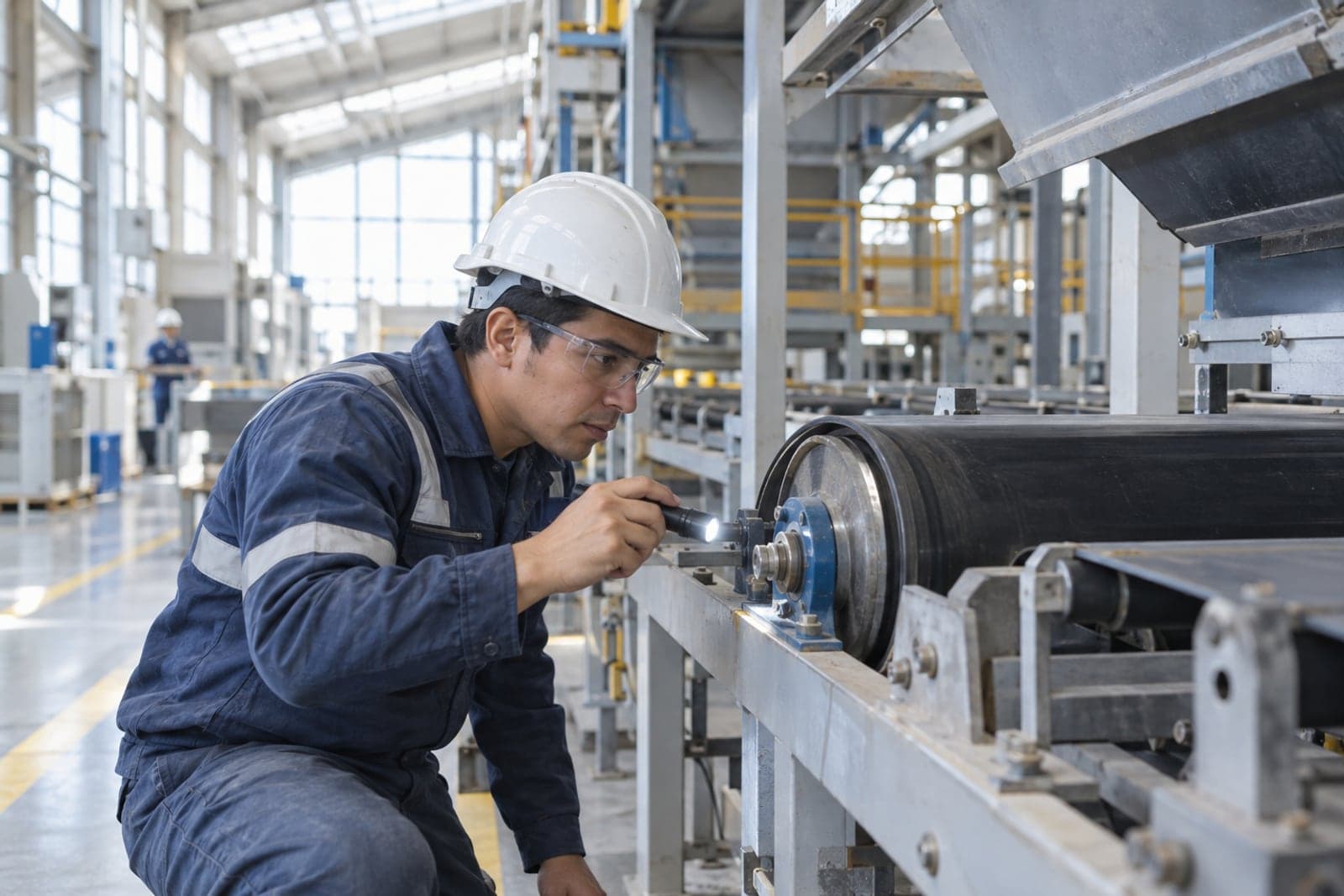 A maintenance technician in a hard hat checks a conveyor belt roller with a flashlight in an industrial plant.