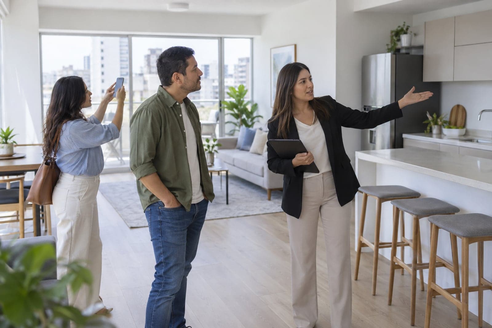 A real estate agent shows a new apartment to a couple while one of them takes a photo with a phone.