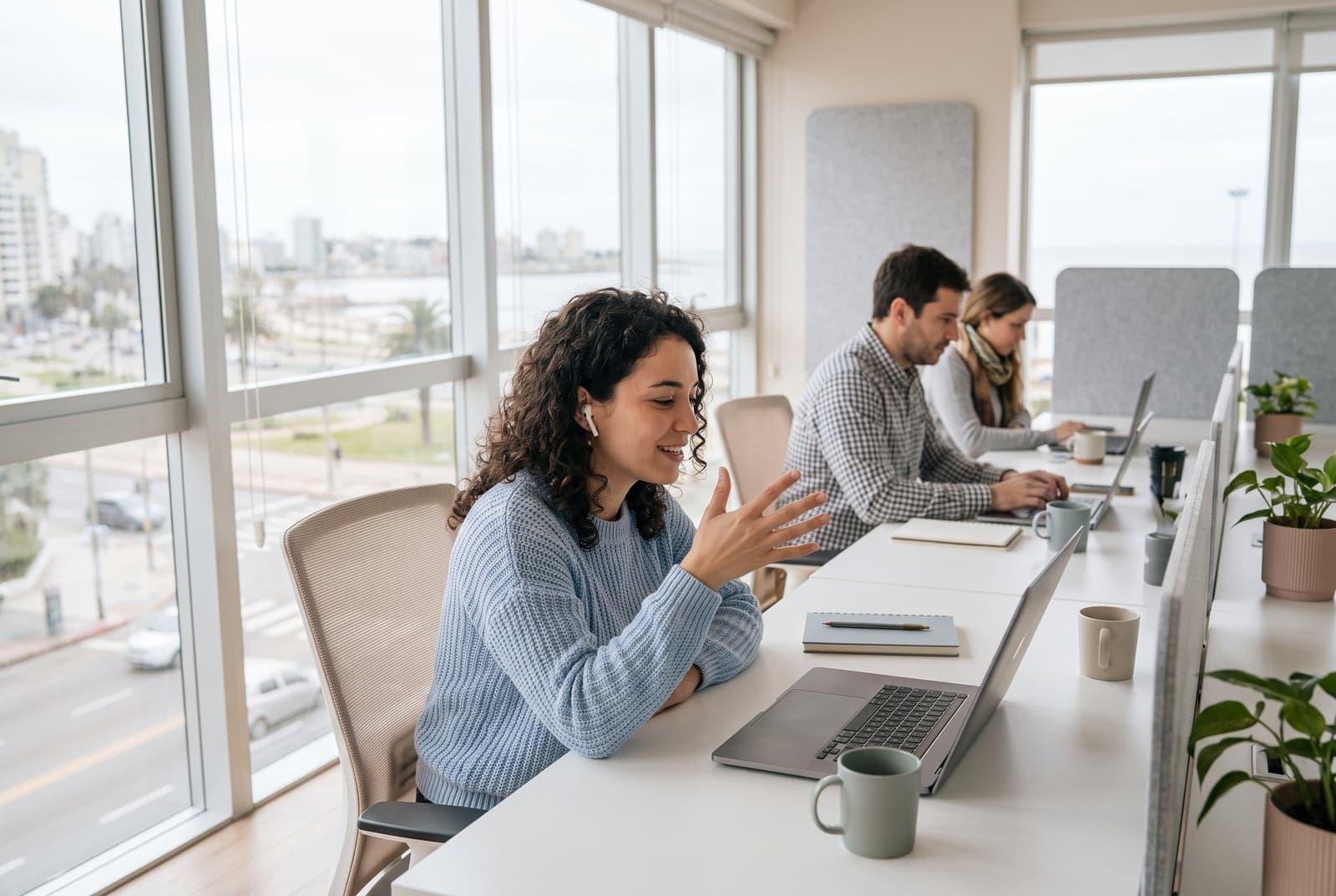 A software company saleswoman on a demo video call by the window of a bright office.